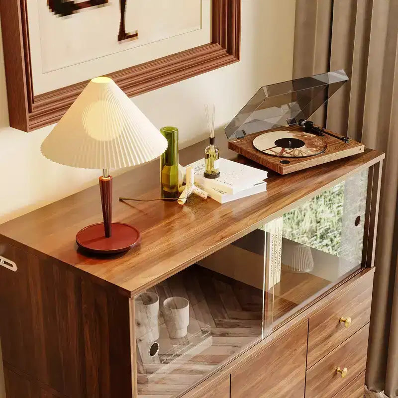 Vintage Style Side Storage Cabinet Buffet Accent Cabinet with LED Lighting and Acrylic Sliders for Display and Organization