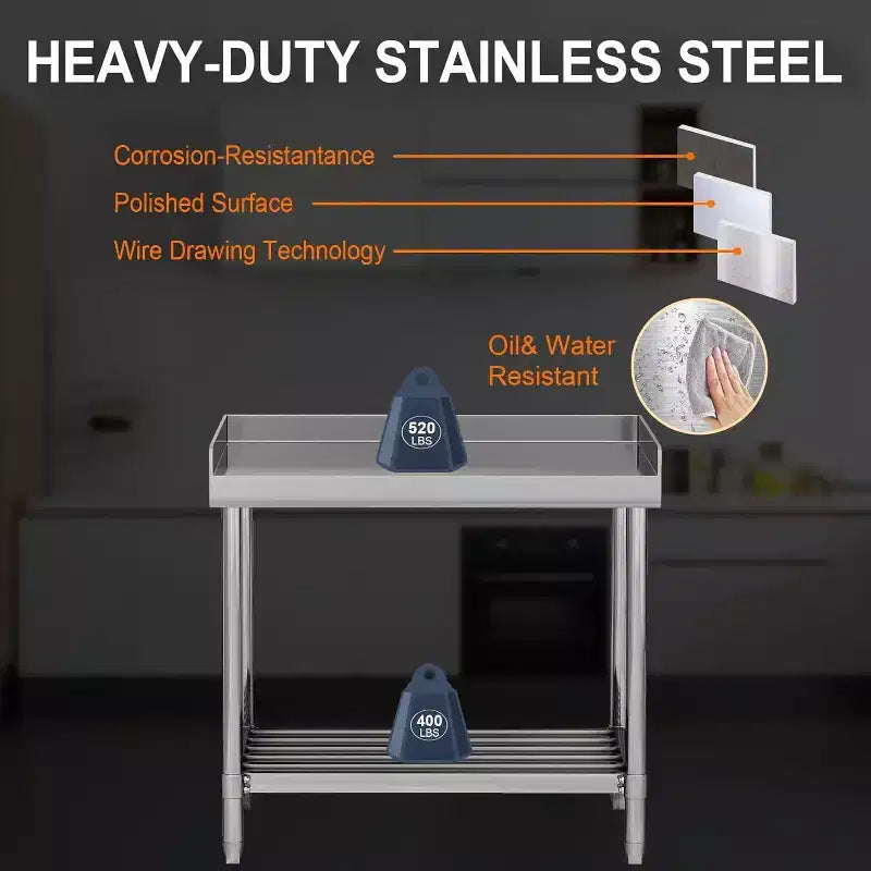 36" NSF Stainless Steel Prep Table with Backsplash, Adjustable Commercial Workstation for Restaurants & Home Kitchens