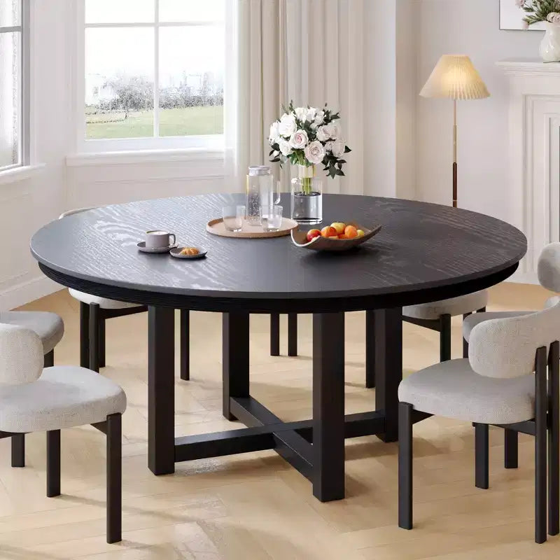 59 x 59 Solid Wood Farmhouse Dining Table Round Wood Texture Top with Cross X Base for Modern Dining Rooms & Family Gatherings, Black