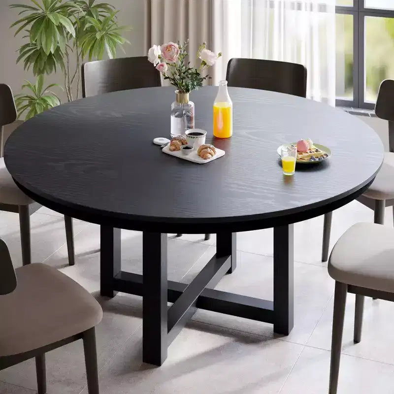 59 x 59 Solid Wood Farmhouse Dining Table Round Wood Texture Top with Cross X Base for Modern Dining Rooms & Family Gatherings, Black
