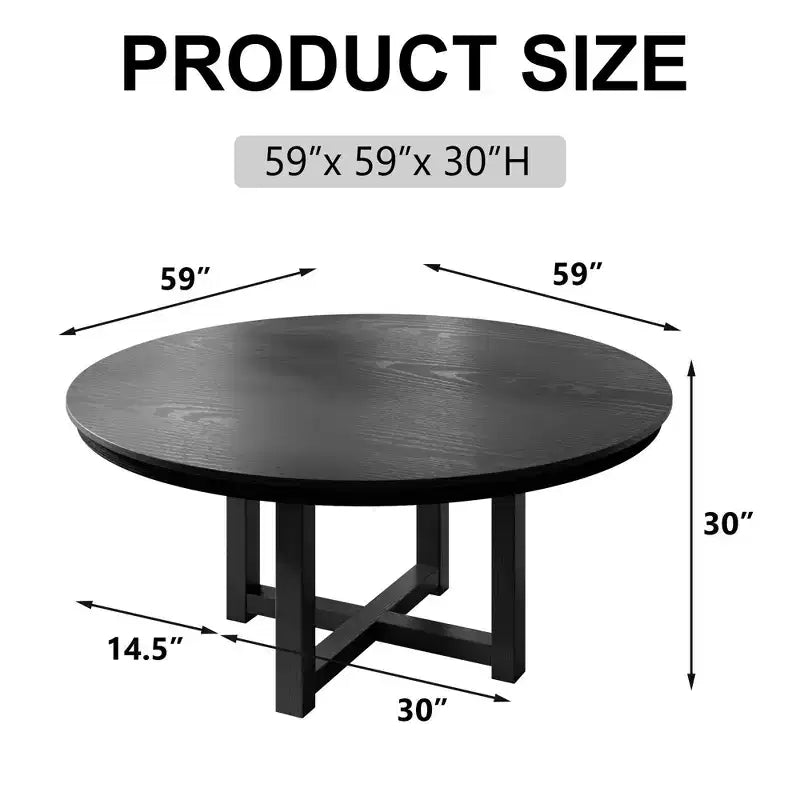 59 x 59 Solid Wood Farmhouse Dining Table Round Wood Texture Top with Cross X Base for Modern Dining Rooms & Family Gatherings, Black