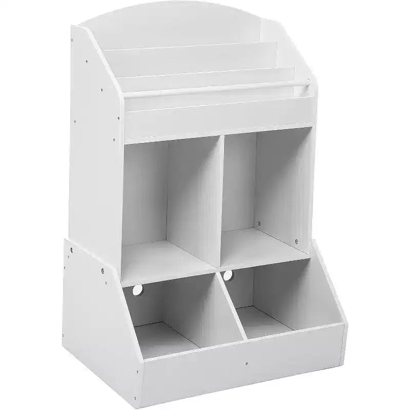 Organizador de juguetes para niños y estantería, estante de libros de 3 niveles con 2 contenedores de almacenamiento, madera de pino, seguro para niños, 35x14x39 para sala de juegos o dormitorio