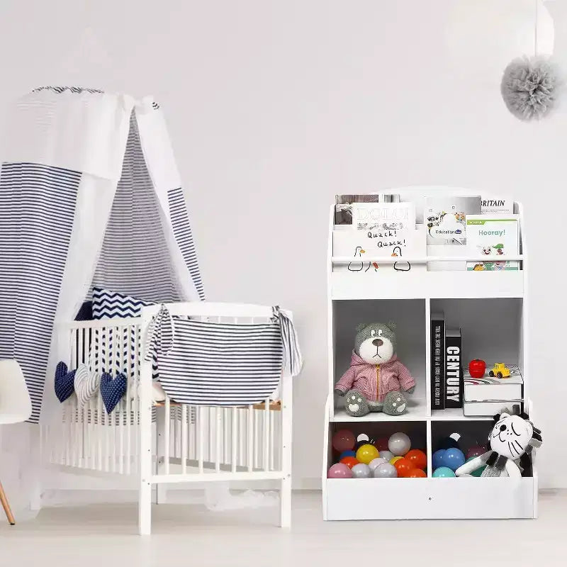 Kids Toy Organizer and Bookshelf, 3-Tier Sling Book Rack with 2 Storage Bins, Pine Wood, Child Safe, 35x14x39 for Playroom Bedroom