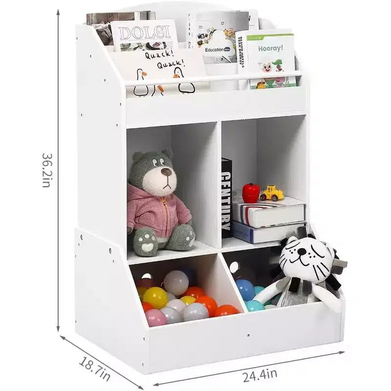Organizador de juguetes para niños y estantería, estante de libros de 3 niveles con 2 contenedores de almacenamiento, madera de pino, seguro para niños, 35x14x39 para sala de juegos o dormitorio