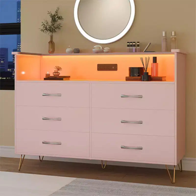 Dresser for Bedroom with LED Lights  6 Drawer Dressers with Charging Station, Wood Storage Chest for Entryway