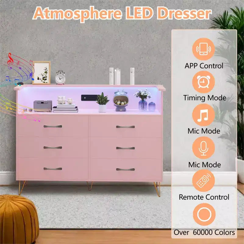 Dresser for Bedroom with LED Lights  6 Drawer Dressers with Charging Station, Wood Storage Chest for Entryway