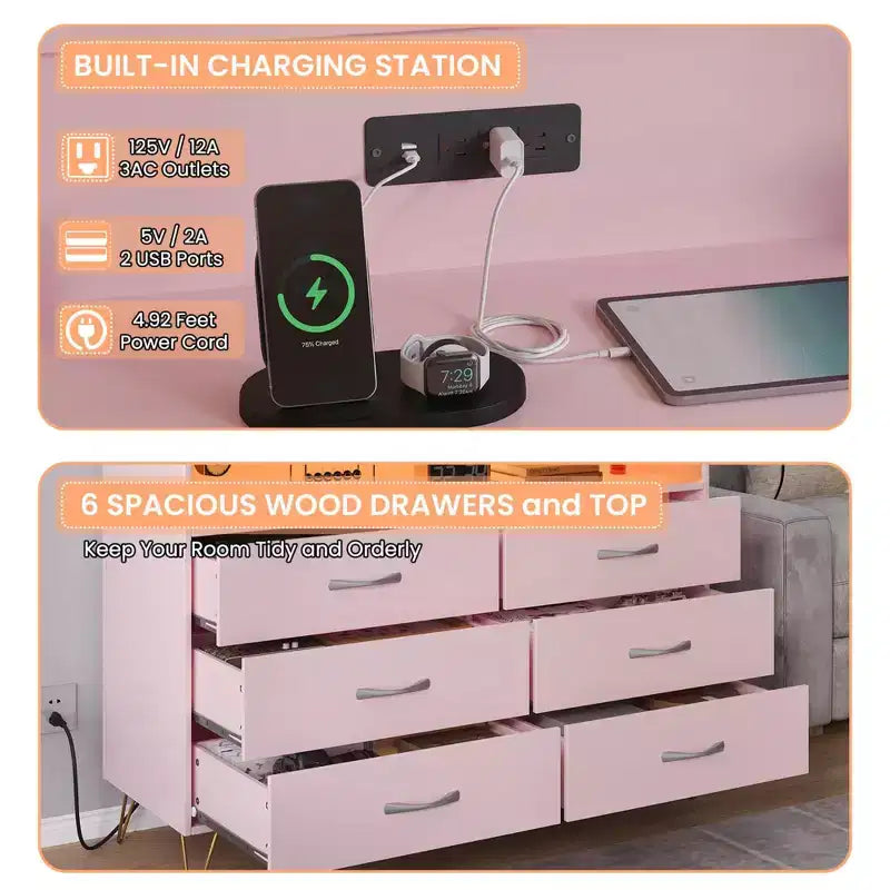 Dresser for Bedroom with LED Lights  6 Drawer Dressers with Charging Station, Wood Storage Chest for Entryway