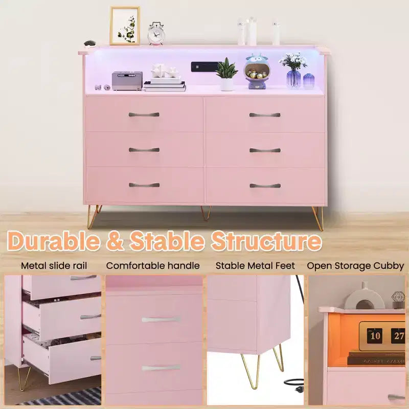 Dresser for Bedroom with LED Lights  6 Drawer Dressers with Charging Station, Wood Storage Chest for Entryway