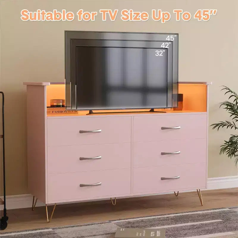 Dresser for Bedroom with LED Lights  6 Drawer Dressers with Charging Station, Wood Storage Chest for Entryway