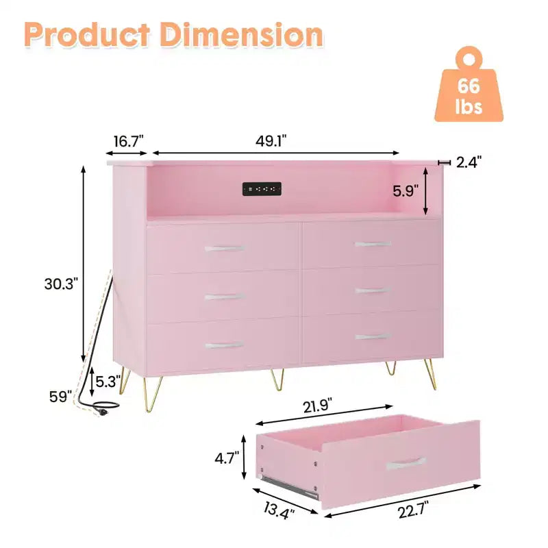 Dresser for Bedroom with LED Lights  6 Drawer Dressers with Charging Station, Wood Storage Chest for Entryway