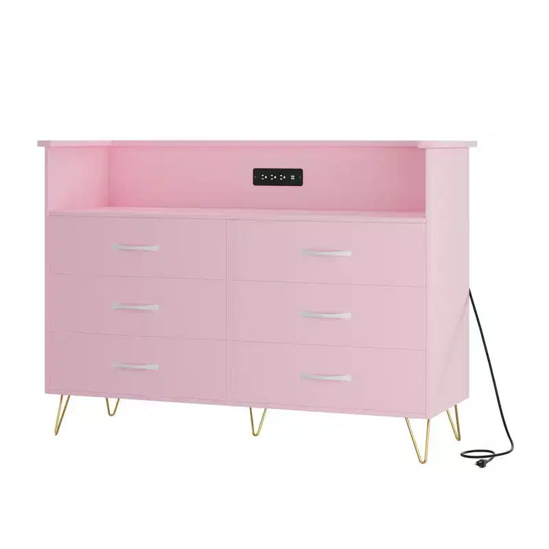 Dresser for Bedroom with LED Lights  6 Drawer Dressers with Charging Station, Wood Storage Chest for Entryway