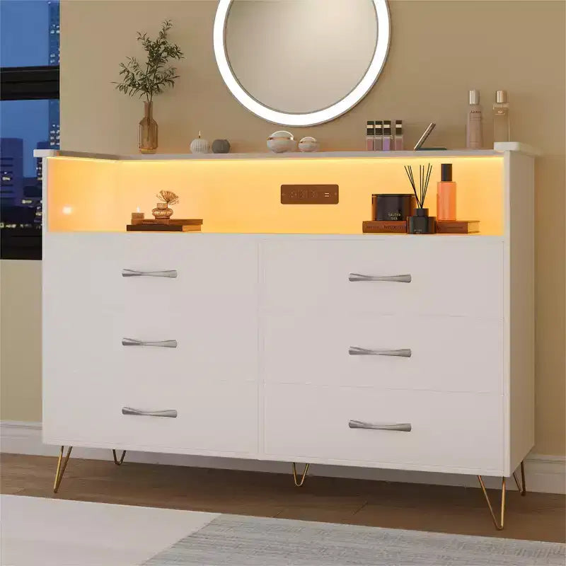 Dresser for Bedroom with LED Lights  6 Drawer Dressers with Charging Station, Wood Storage Chest for Entryway