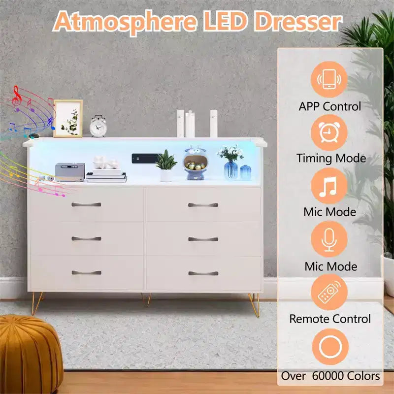 Dresser for Bedroom with LED Lights  6 Drawer Dressers with Charging Station, Wood Storage Chest for Entryway
