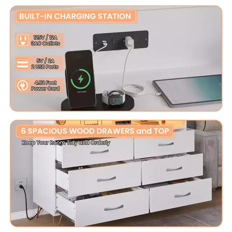 Dresser for Bedroom with LED Lights  6 Drawer Dressers with Charging Station, Wood Storage Chest for Entryway