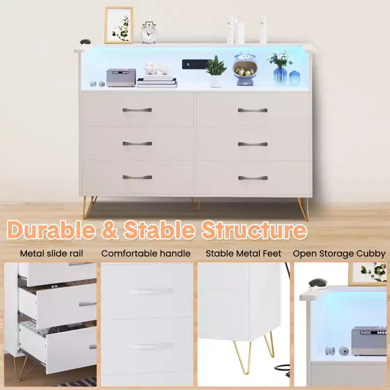 Dresser for Bedroom with LED Lights  6 Drawer Dressers with Charging Station, Wood Storage Chest for Entryway