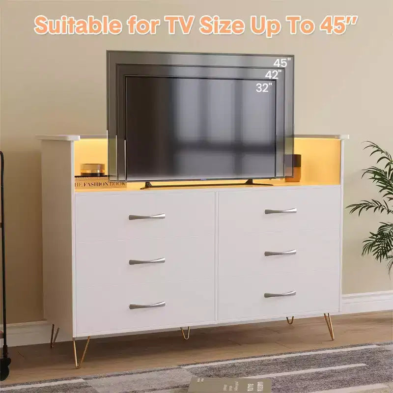 Dresser for Bedroom with LED Lights  6 Drawer Dressers with Charging Station, Wood Storage Chest for Entryway
