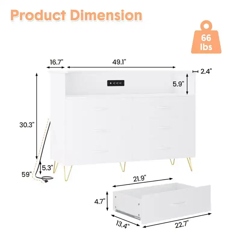 Dresser for Bedroom with LED Lights  6 Drawer Dressers with Charging Station, Wood Storage Chest for Entryway