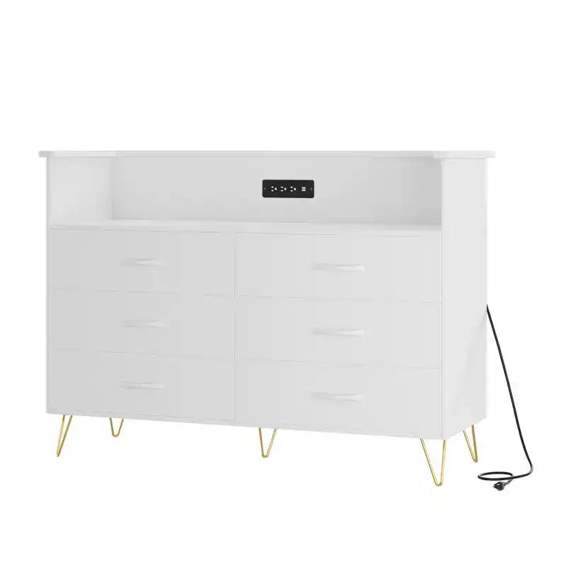 Dresser for Bedroom with LED Lights  6 Drawer Dressers with Charging Station, Wood Storage Chest for Entryway