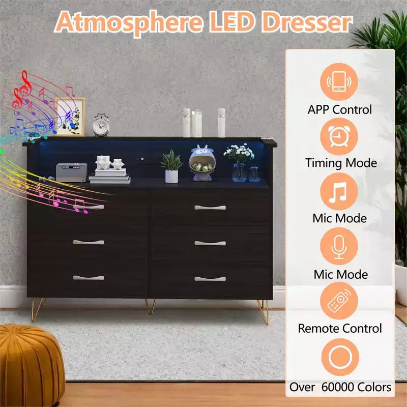 Dresser for Bedroom with LED Lights  6 Drawer Dressers with Charging Station, Wood Storage Chest for Entryway
