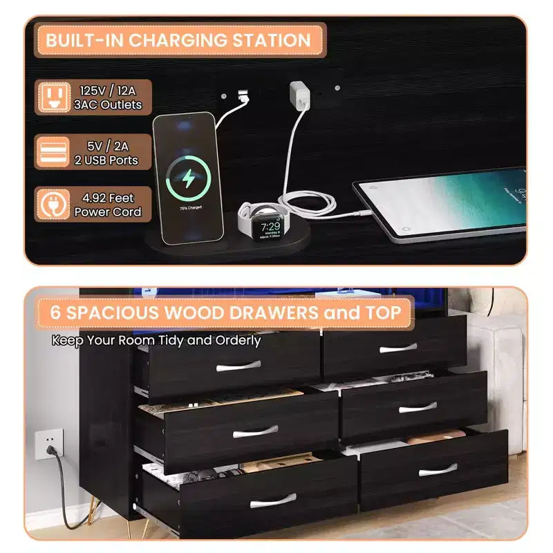 Dresser for Bedroom with LED Lights  6 Drawer Dressers with Charging Station, Wood Storage Chest for Entryway