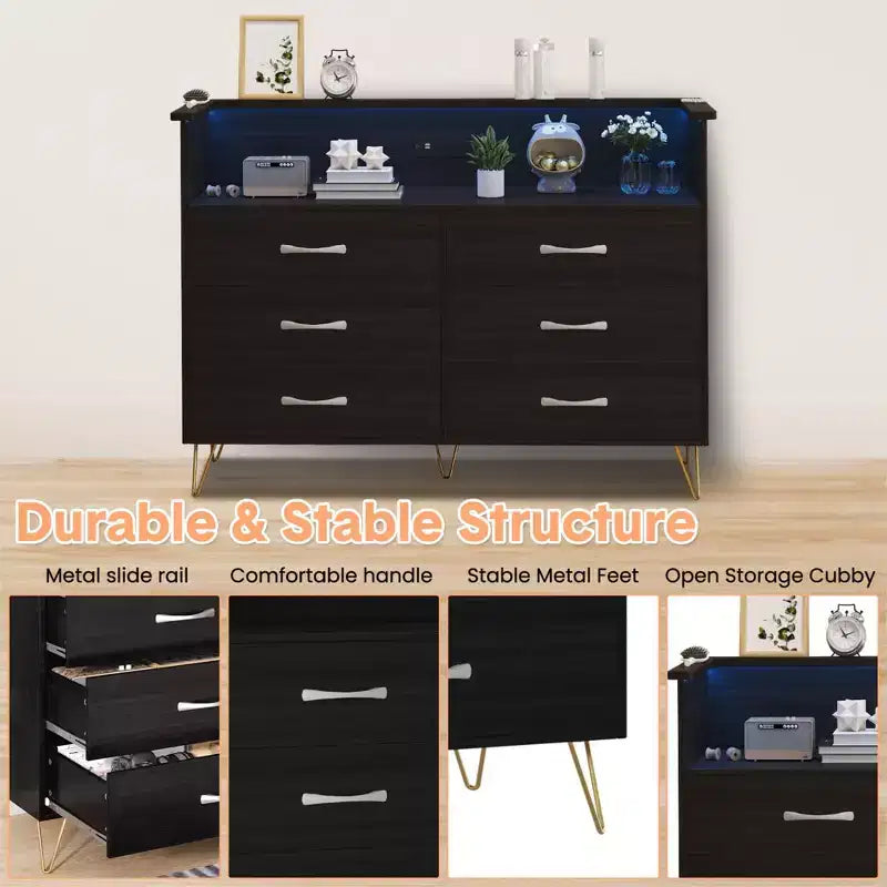 Dresser for Bedroom with LED Lights  6 Drawer Dressers with Charging Station, Wood Storage Chest for Entryway