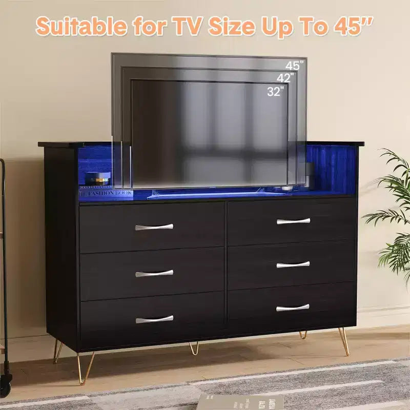 Dresser for Bedroom with LED Lights  6 Drawer Dressers with Charging Station, Wood Storage Chest for Entryway