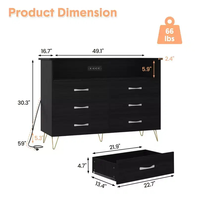 Dresser for Bedroom with LED Lights  6 Drawer Dressers with Charging Station, Wood Storage Chest for Entryway