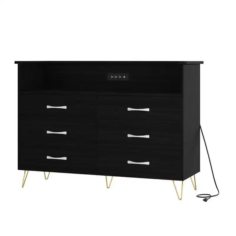 Dresser for Bedroom with LED Lights  6 Drawer Dressers with Charging Station, Wood Storage Chest for Entryway