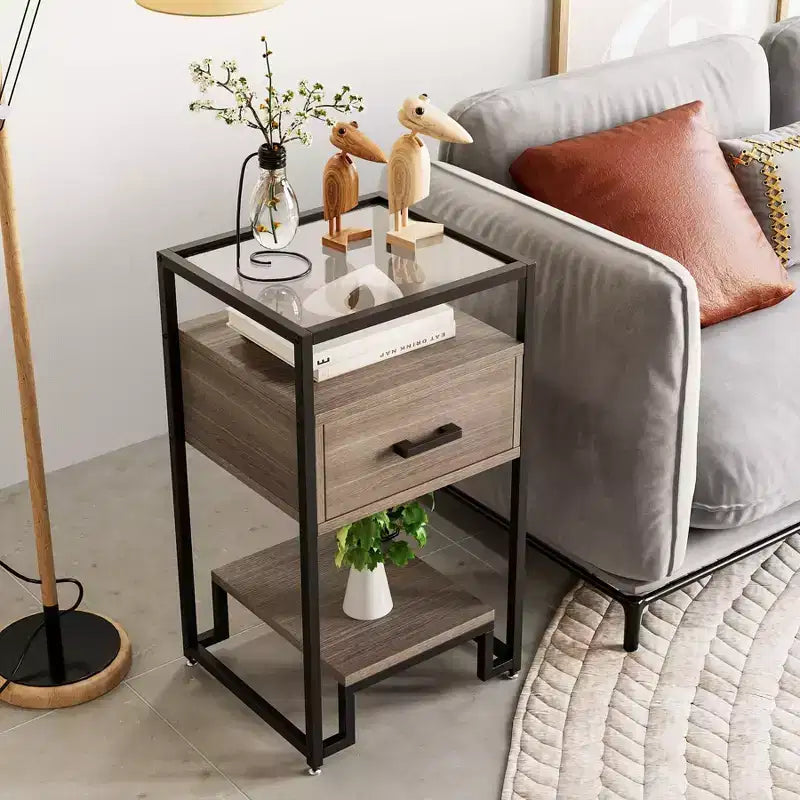 Nightstand with Storage Drawer and 3-Tier Shelving, Small End Table