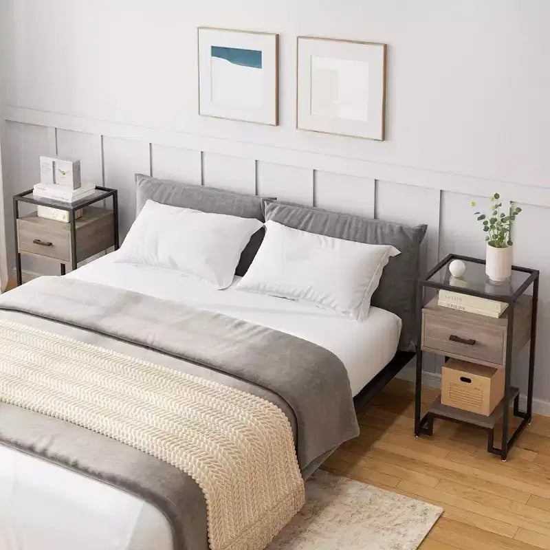 Nightstand with Storage Drawer and 3-Tier Shelving, Small End Table