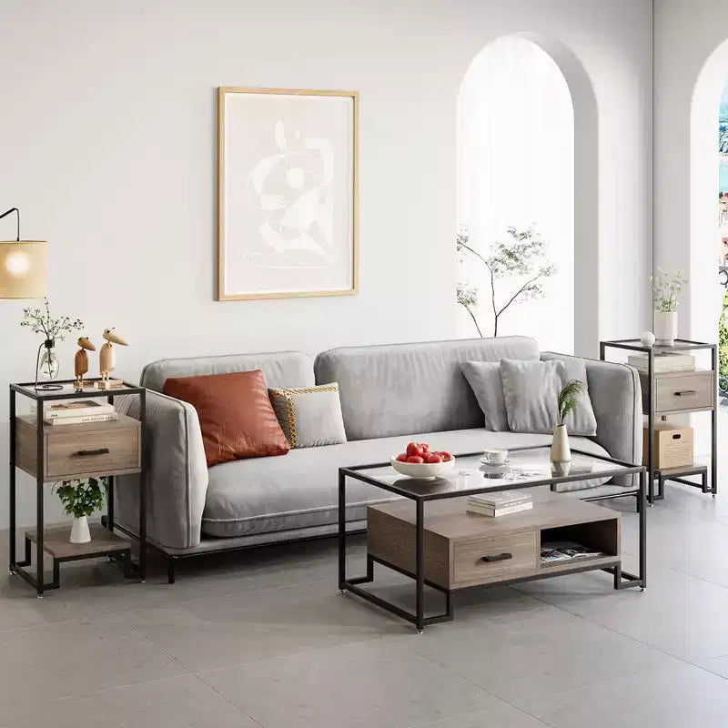 Nightstand with Storage Drawer and 3-Tier Shelving, Small End Table