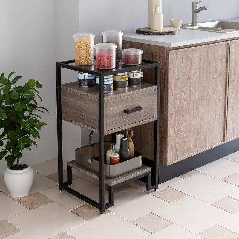 Nightstand with Storage Drawer and 3-Tier Shelving, Small End Table