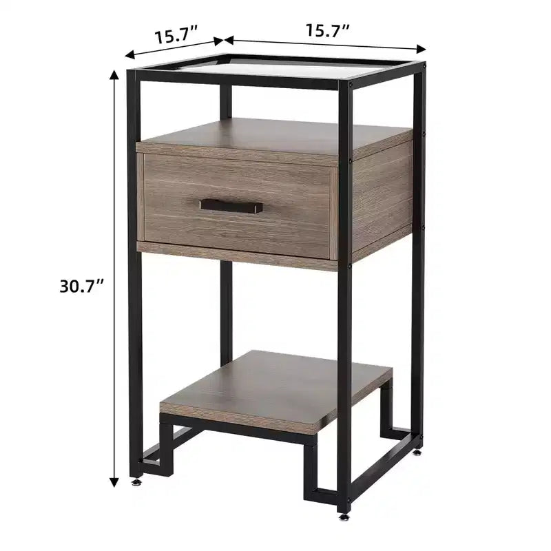 Nightstand with Storage Drawer and 3-Tier Shelving, Small End Table
