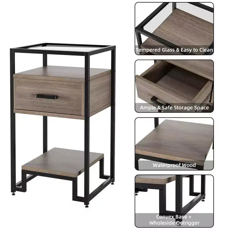 Nightstand with Storage Drawer and 3-Tier Shelving, Small End Table