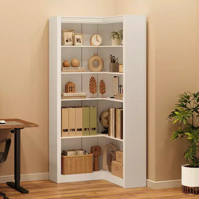 Estantería de esquina alta de 71.8'', estantería en forma de L de 5 niveles, estanterías estilo granja con almacenamiento para sala de estar u oficina en casa, blanca