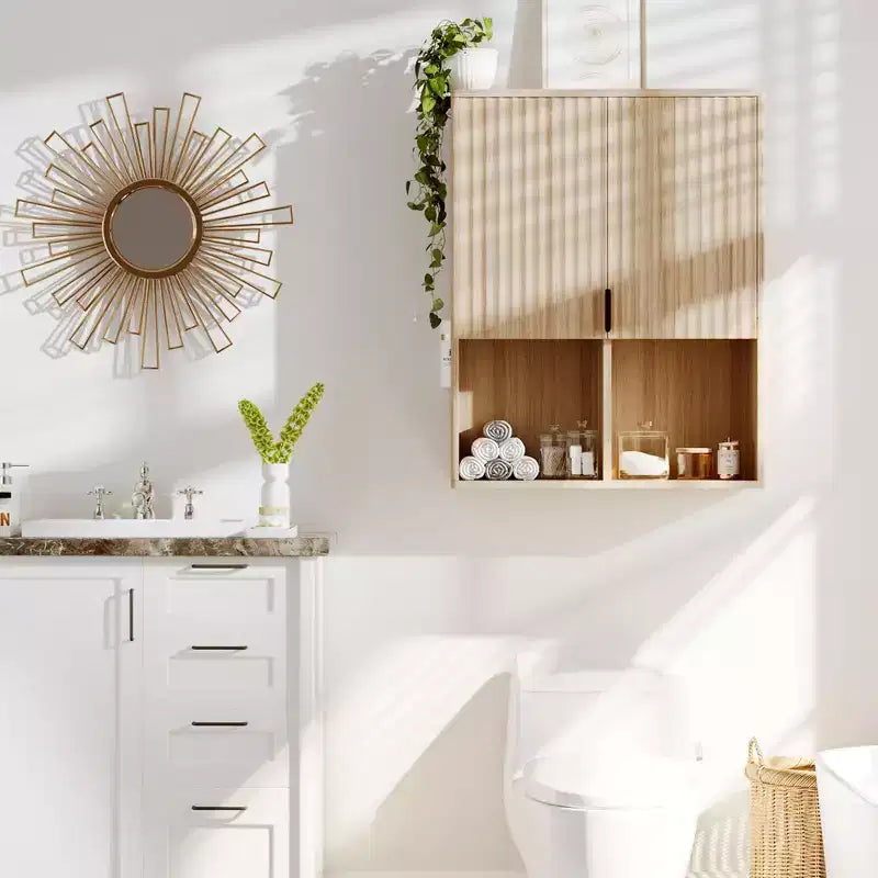 Bathroom Wall Cabinet,Natural Finish Bathroom OrganizerOver Toilet Storage Cabinet with Adjustable Shelf, Wooden Medicine Cabinet with Hinges