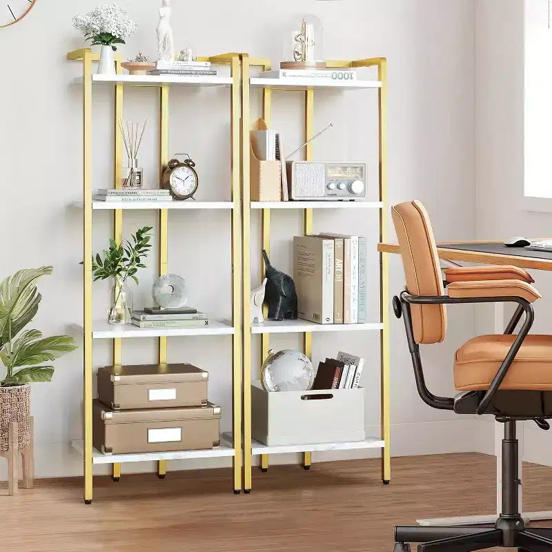 4-Tier Gold Bookshelf, Narrow Display Shelf with Marble-Textured Shelves and Metal Frame, Bookcase for Bedroom or Office