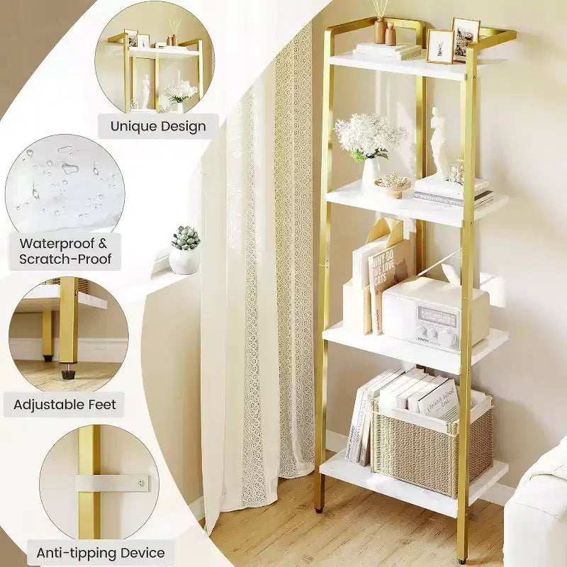 4-Tier Gold Bookshelf, Narrow Display Shelf with Marble-Textured Shelves and Metal Frame, Bookcase for Bedroom or Office