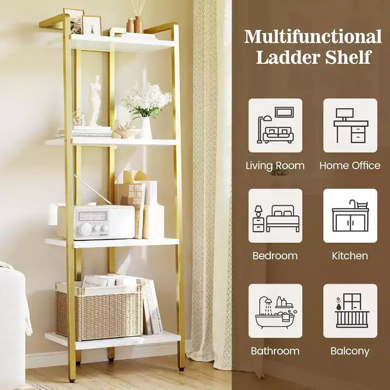 4-Tier Gold Bookshelf, Narrow Display Shelf with Marble-Textured Shelves and Metal Frame, Bookcase for Bedroom or Office