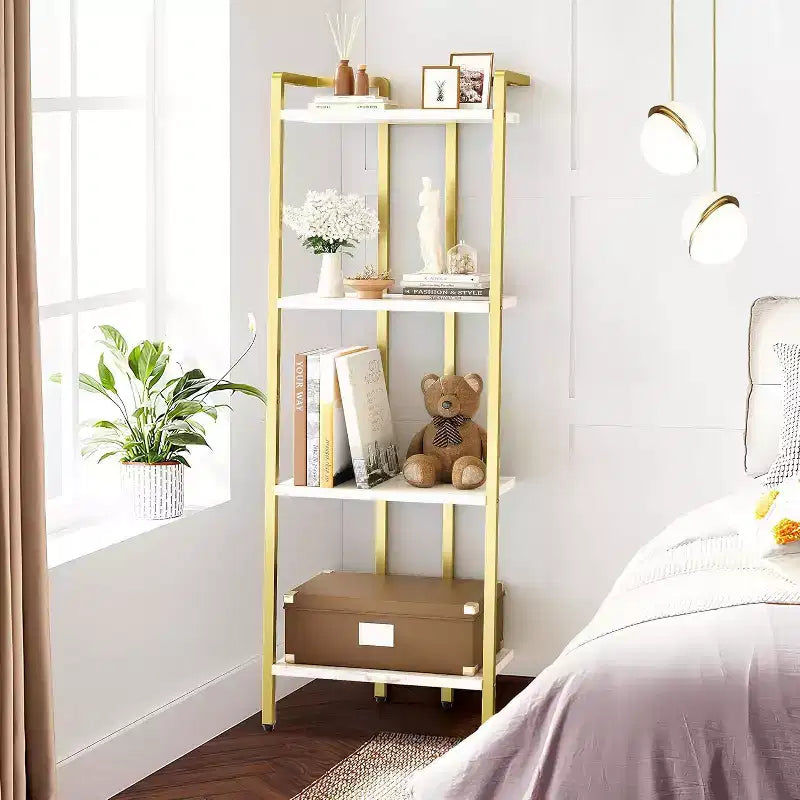 4-Tier Gold Bookshelf, Narrow Display Shelf with Marble-Textured Shelves and Metal Frame, Bookcase for Bedroom or Office