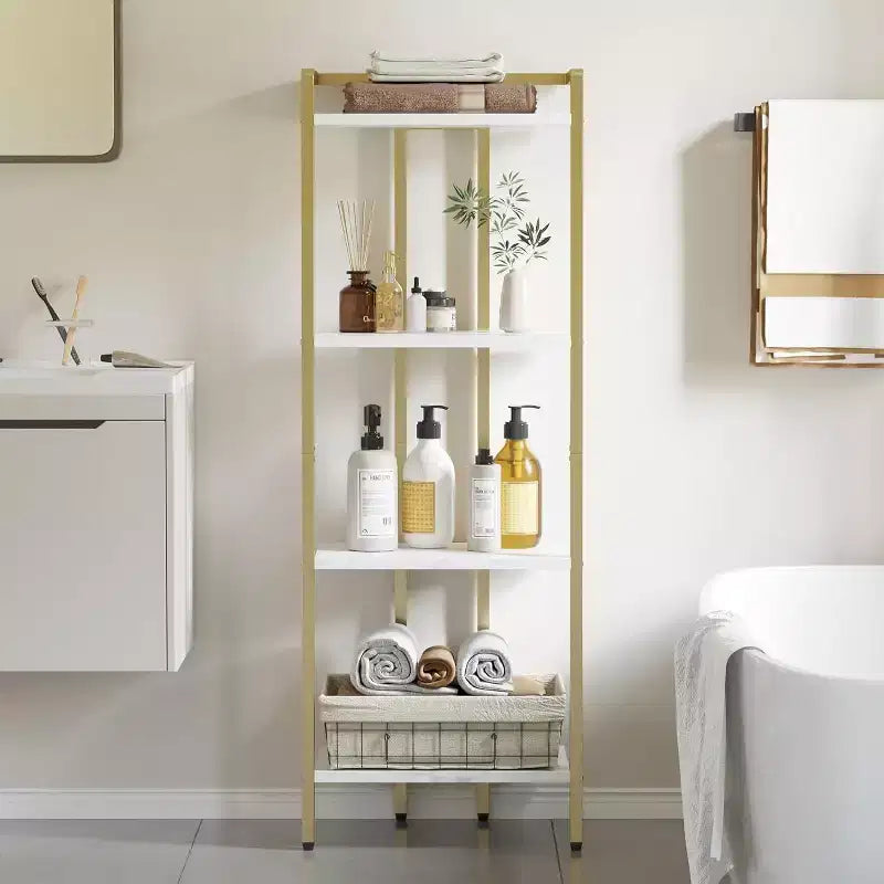 4-Tier Gold Bookshelf, Narrow Display Shelf with Marble-Textured Shelves and Metal Frame, Bookcase for Bedroom or Office