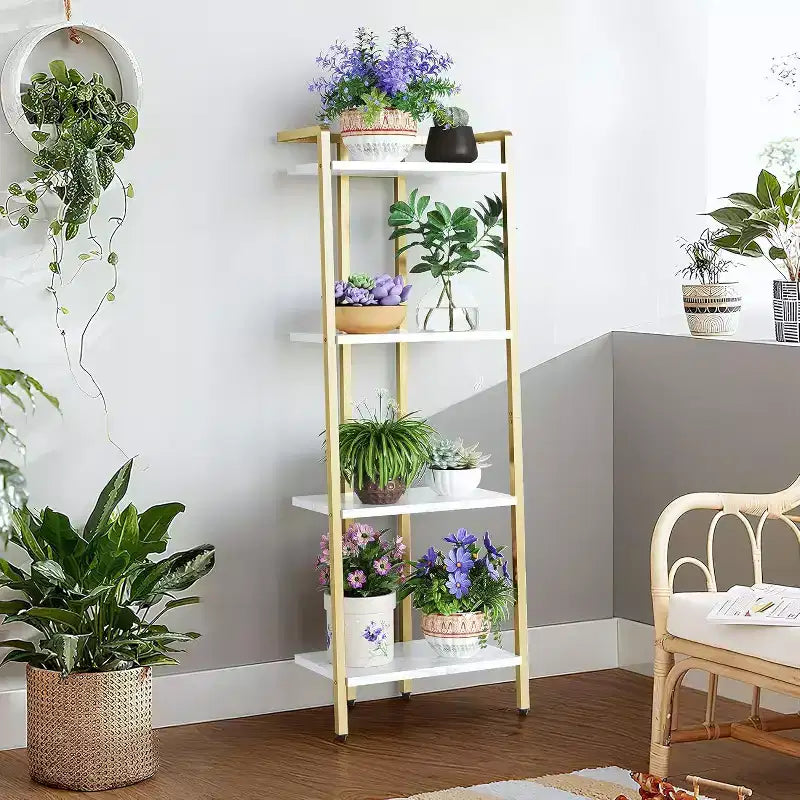 4-Tier Gold Bookshelf, Narrow Display Shelf with Marble-Textured Shelves and Metal Frame, Bookcase for Bedroom or Office