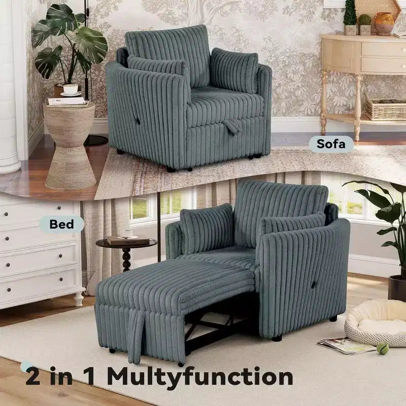 Convertible Lounge Chair with USB and 2 Pillows, Single Sofa Bed Pullout Sleeper Sofa