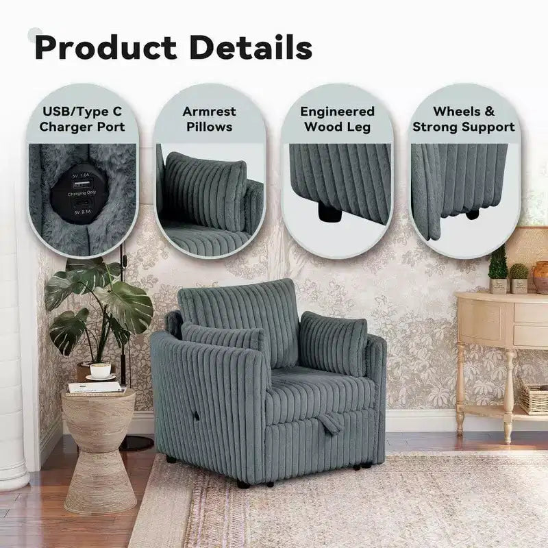 Convertible Lounge Chair with USB and 2 Pillows, Single Sofa Bed Pullout Sleeper Sofa