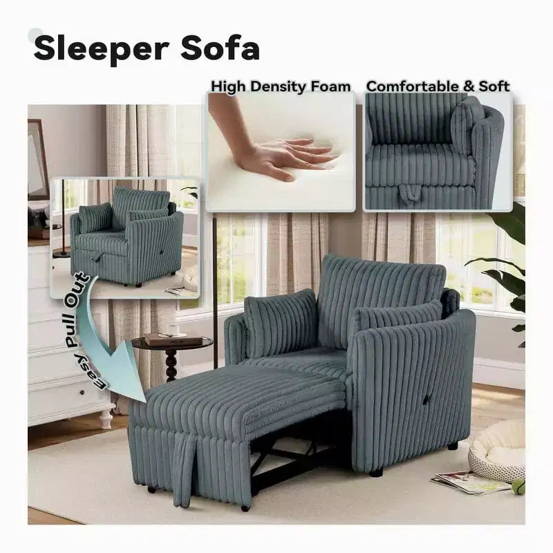 Convertible Lounge Chair with USB and 2 Pillows, Single Sofa Bed Pullout Sleeper Sofa