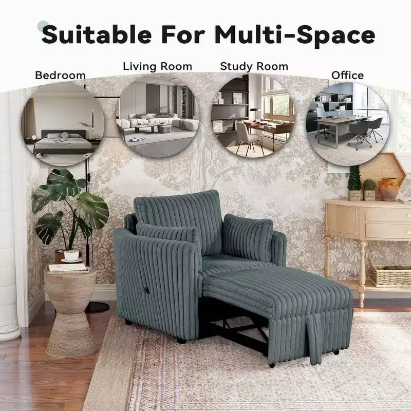 Convertible Lounge Chair with USB and 2 Pillows, Single Sofa Bed Pullout Sleeper Sofa