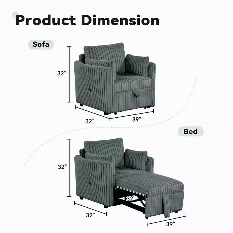 Convertible Lounge Chair with USB and 2 Pillows, Single Sofa Bed Pullout Sleeper Sofa