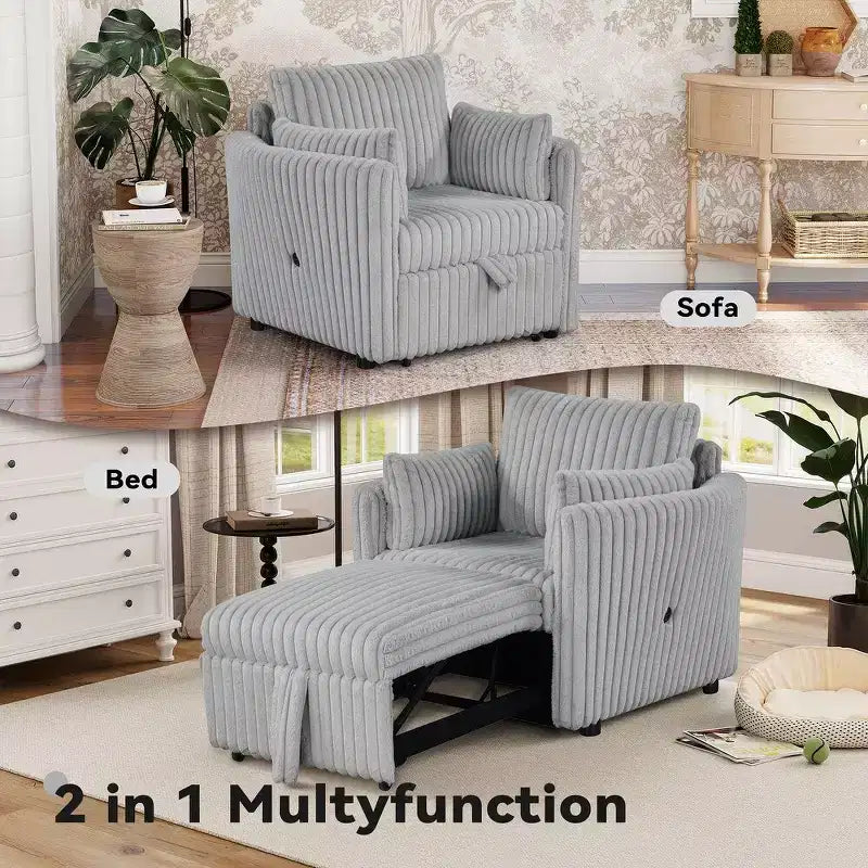 Convertible Lounge Chair with USB and 2 Pillows, Single Sofa Bed Pullout Sleeper Sofa