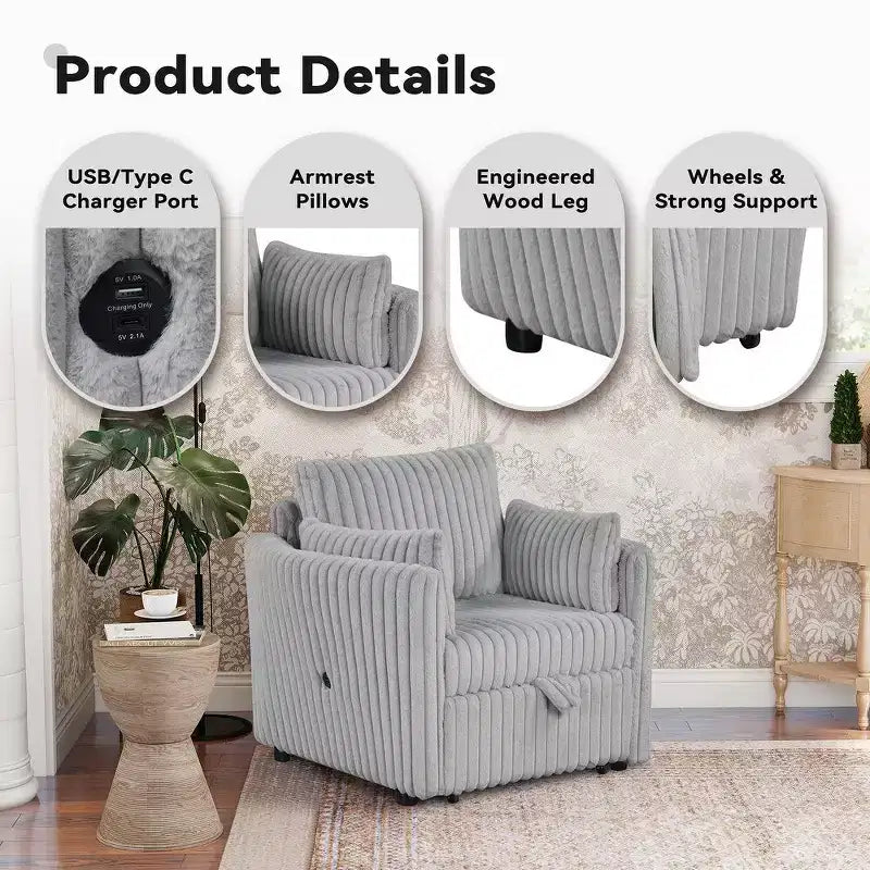 Convertible Lounge Chair with USB and 2 Pillows, Single Sofa Bed Pullout Sleeper Sofa
