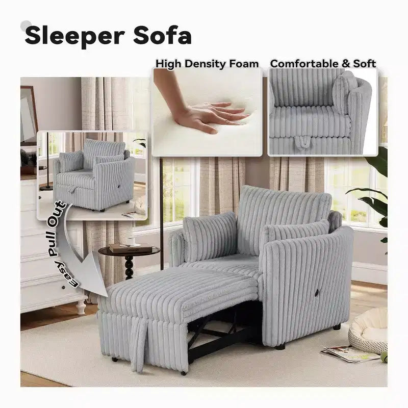 Convertible Lounge Chair with USB and 2 Pillows, Single Sofa Bed Pullout Sleeper Sofa